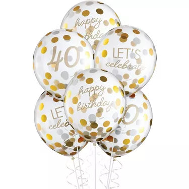 6ct, Metallic Golden Age 40th Birthday Latex Confetti Balloons