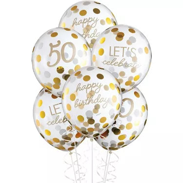 6ct, Metallic Golden Age 50th Birthday Latex Confetti Balloons