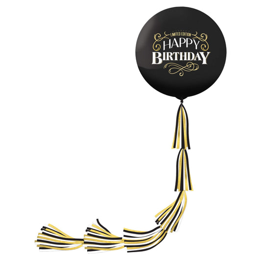 "Happy Birthday" Round 24" Latex Balloon with Balloon Tail, Black/Gold