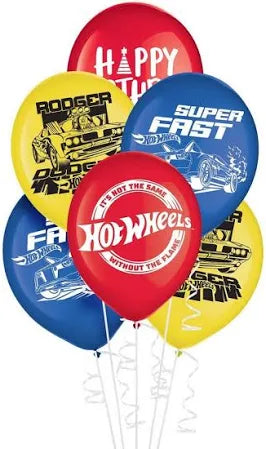 6 Pc Hot Wheels Printed Latex Balloons
